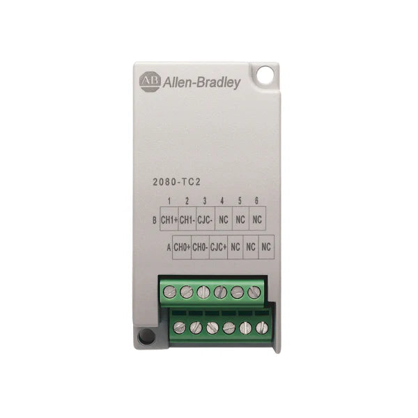 Allen-Bradley 2080-TC2 Module for Micro800, dual thermocouple input channels, and simplified installation.