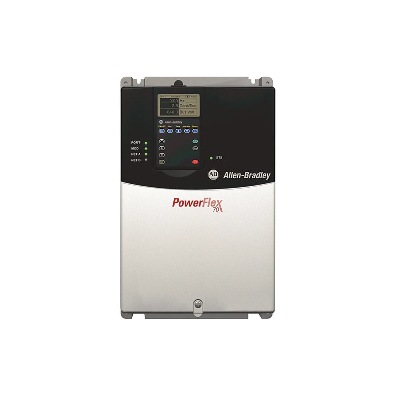 Allen-Bradley PowerFlex 70 AC Drive, compact motor control, 400V, 3-phase, 15kW capacity, CE compliance, durable coating.