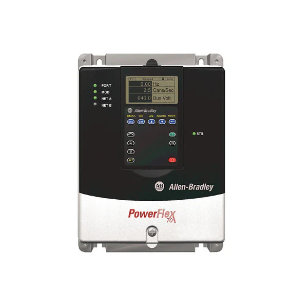 Allen-Bradley PowerFlex 70 AC drive, 400V, flanged mount, features dual enclosure ratings.