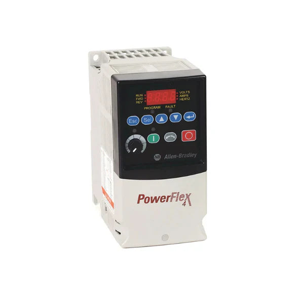 Allen-Bradley 22A-B4P5N104 PowerFlex 4 AC Drive, compact VFD, 208-240V AC, IP20, 4.5A, 0.75 kW, RS485 communication.