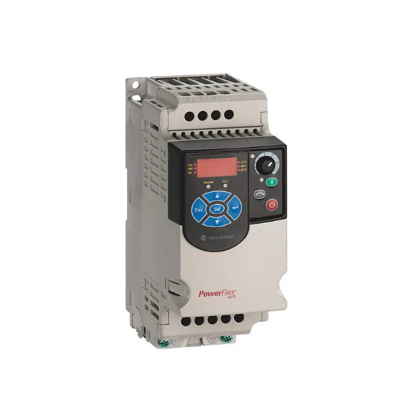 Front view of 22F-D4P2N103 Allen Bradley PowerFlex 4, a compact reliable VFD for industrial motor control applications.