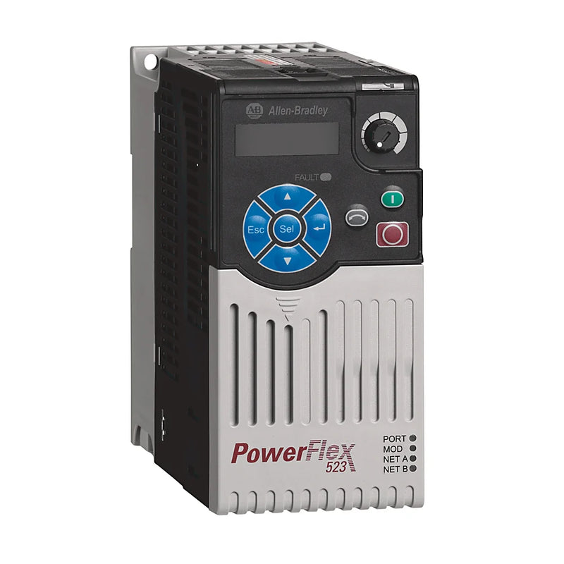 Allen-Bradley PowerFlex 523 AC drive, 1 HP, 480V, 2.3A, Frame A, IP20 enclosure, compact motor control option.