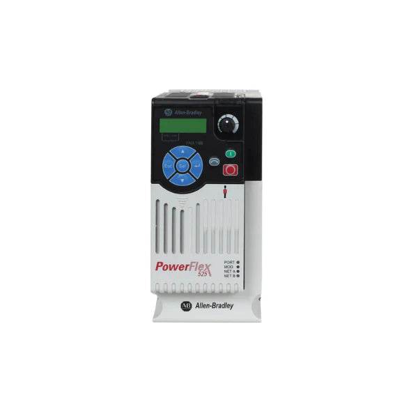 Allen-Bradley 25B-A8P0N104 PowerFlex 525 AC drive for single-phase motors with Ethernet connectivity and safety features.