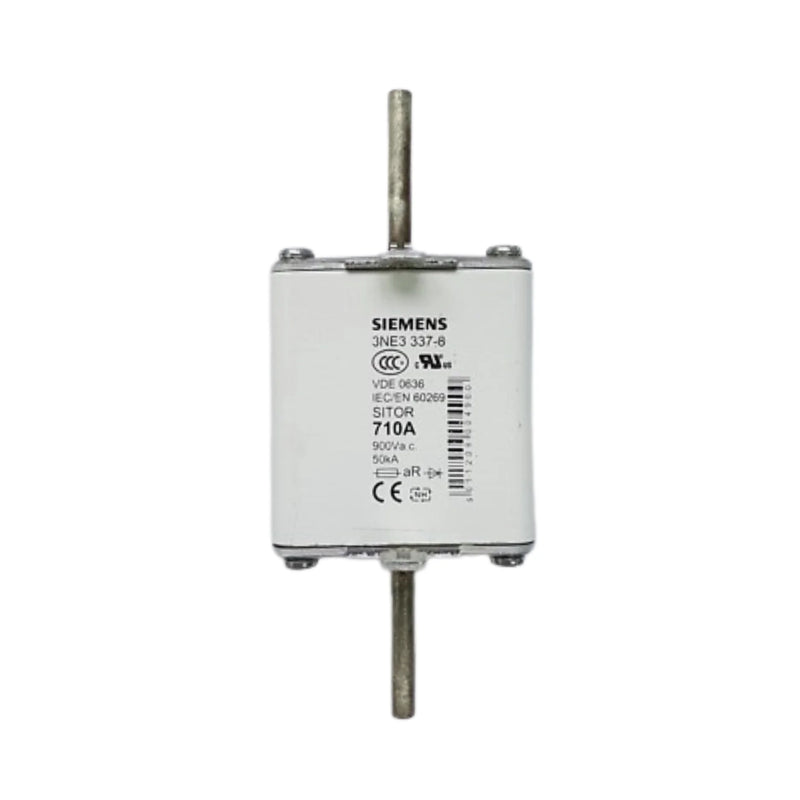 Siemens 3NE3337-8 SITOR fuse link NH2, 710 A, 900 V AC, equipped with silver-plated slotted blade contacts