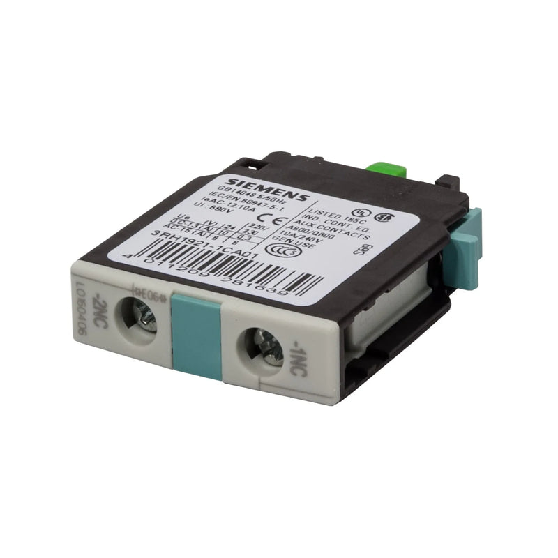 Siemens 3RH1921-1CA01 auxiliary block, 1NO 1NC contact, front mount, reliable for industrial control systems.