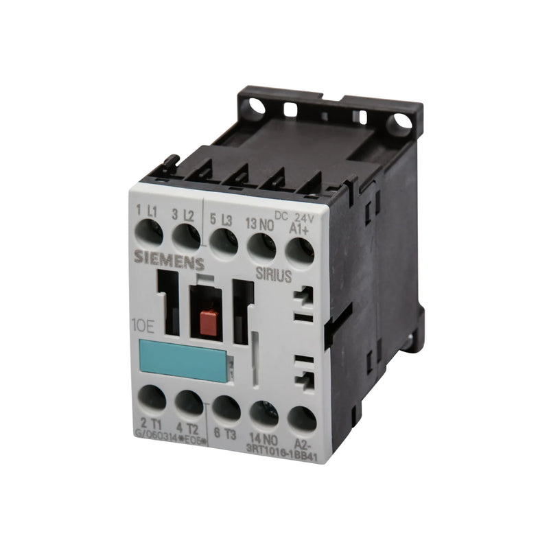 Siemens 3RT1016-1BB41 contactor in detail, reliable 3-pole unit with compact design, used for industrial applications.