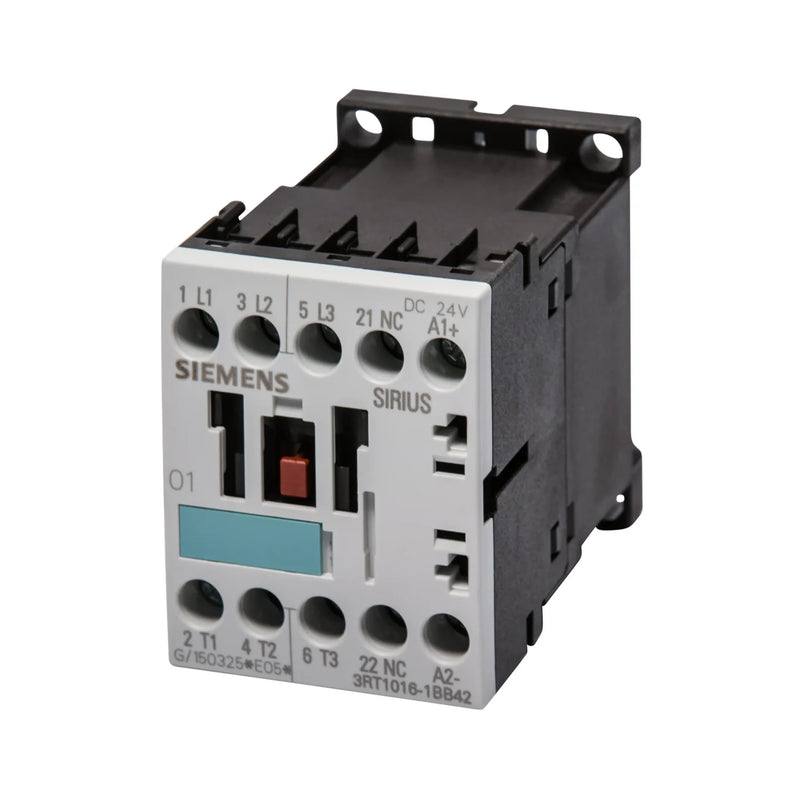Siemens contactor 3RT1016-1BB42 for industrial motor control, 9A current, 24V DC coil, ensures reliable switching.