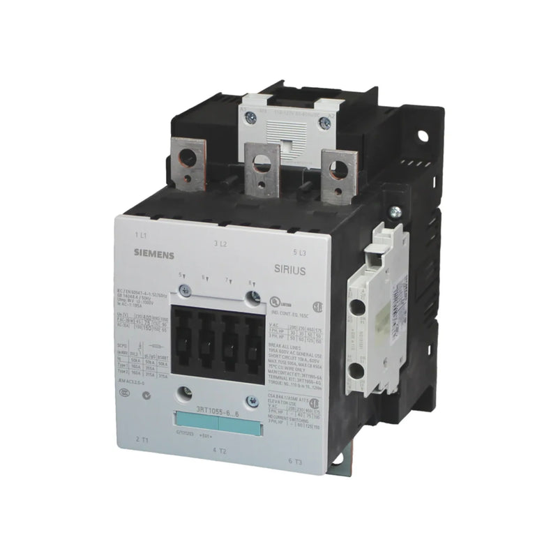 Siemens SIRIUS 3RT1055-6AF36 contactor, 110V AC coil, 3-pole, 250A rating for industrial use