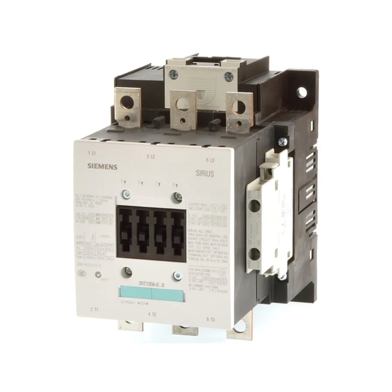 Siemens 3RT1056-6AP36 power contactor, industrial use, 90 kW at 400 V, supports 185 A, with auxiliary contacts