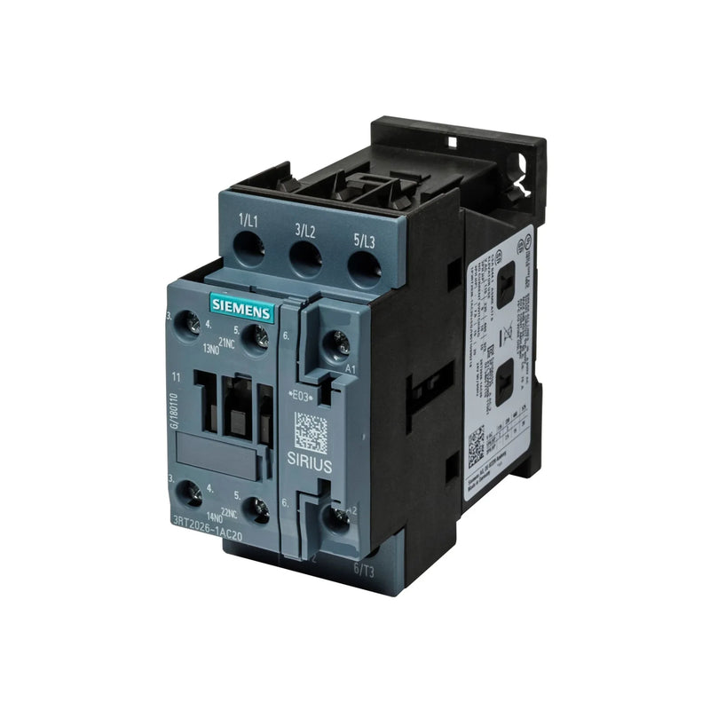 Efficient Siemens 3RT2026-1AP00 power contactor for motors, rated 11 kW, 15 HP, with versatile auxiliary contacts, robust design.