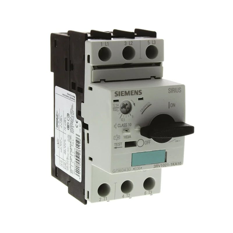Siemens motor breaker 3RV1021-1KA10, 9–12.5 A, 3-pole S0, 100 kA capacity, screw terminals for reliable protection.