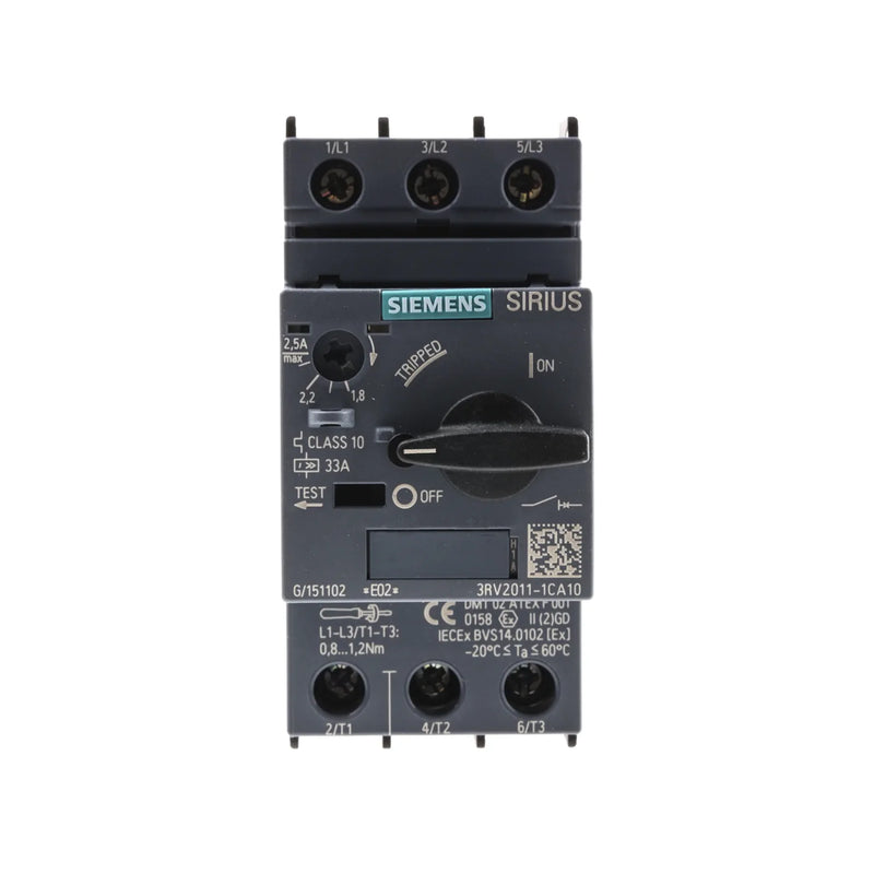 Overload relay Siemens 3RV2011-1CA10, ensuring motor protection in industrial automation applications.