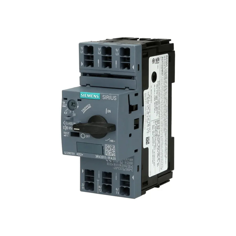 Siemens 3RV2011-1FA20 motor starter protector from the SIRIUS 3RV2 series for enhanced motor safety and reliability.