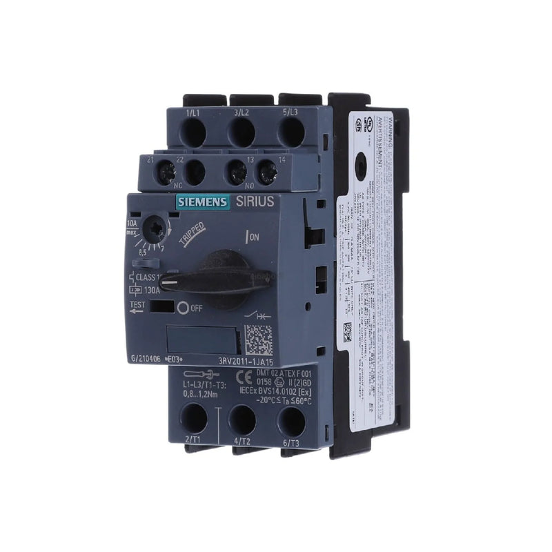 Siemens 3RV2011-1JA15 SIRIUS 3RV2 motor protection circuit breaker, size S00, motor safeguard.