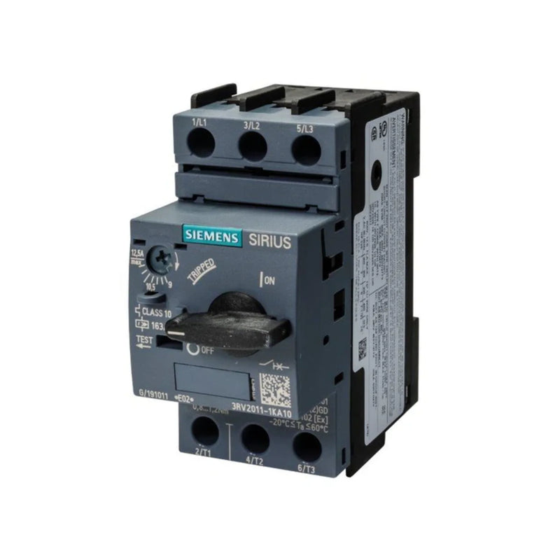 Siemens 3RV2011-1KA10 circuit breaker with adjustable current range for industrial motor protection.