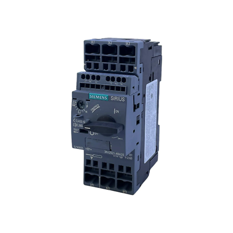 Siemens motor circuit breaker 3RV2021-4BA20, 13–20 A, 3-pole, S0 size, 55 kA, spring terminals, compact design.