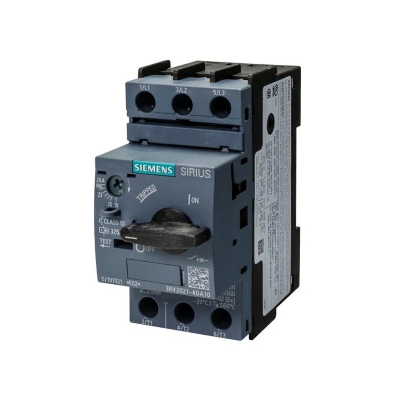 Siemens 3RV2021-4DA10 circuit breaker for industrial motor protection applications.