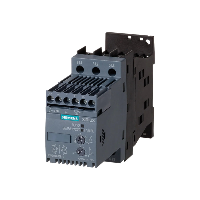 Siemens 3RW3017-1BB04 SIRIUS soft starter, smooth motor start, 12.5A, 400V AC, compact for industries