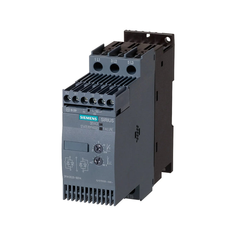Siemens 3RW3027-1BB04 soft starter for smooth motor operation up to 15kW at 400V AC, optimizing efficiency.