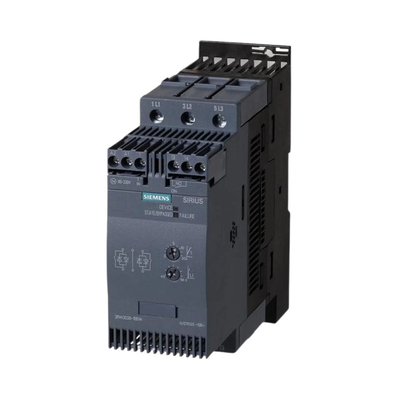 Siemens 3RW3036-1BB14 soft starter offers smooth motor startup, reduces stress, boosts efficiency for industrial applications.