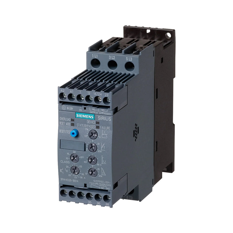 Siemens 3RW4024-1BB14 SIRIUS soft starter, 24A rating, 11kW motor support, 400V AC industrial use.
