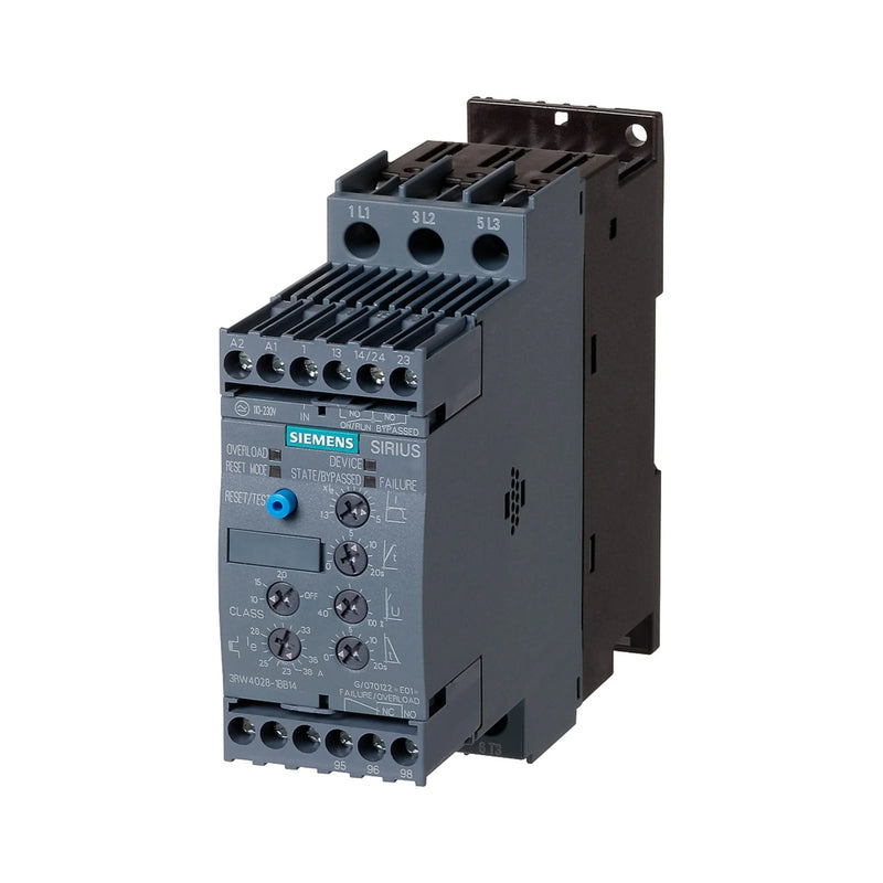 Siemens 3RW4028-1BB04 soft starter for industrial motor control, rated 40A, 200-480V AC operation, boosts efficiency.