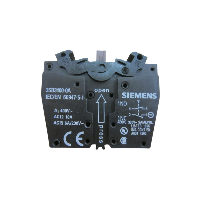 Siemens 3SB3400-0A contact block, 1 NO, 1 NC contact, front mount, screw terminals, industrial use.