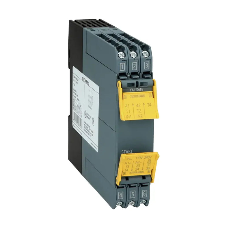 Siemens 3SK1111-1AW20 Safety Relay 24V DC with 2 NO, 1 NC contacts, designed for emergency and safety controls.