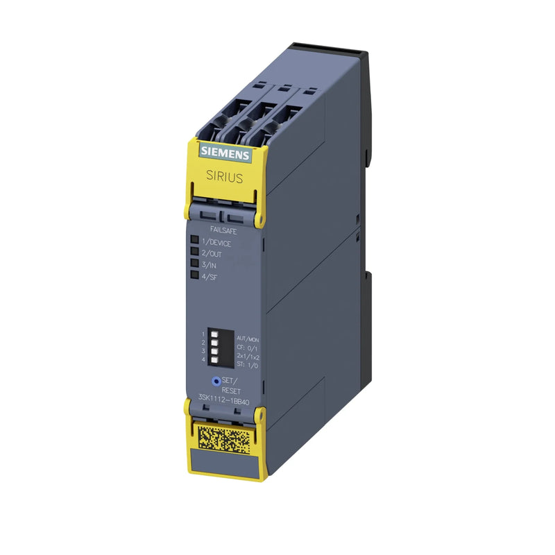 Safety relay Siemens 3SK1112-1BB40 for secure shutdown in automation, ensuring protection in industrial systems.