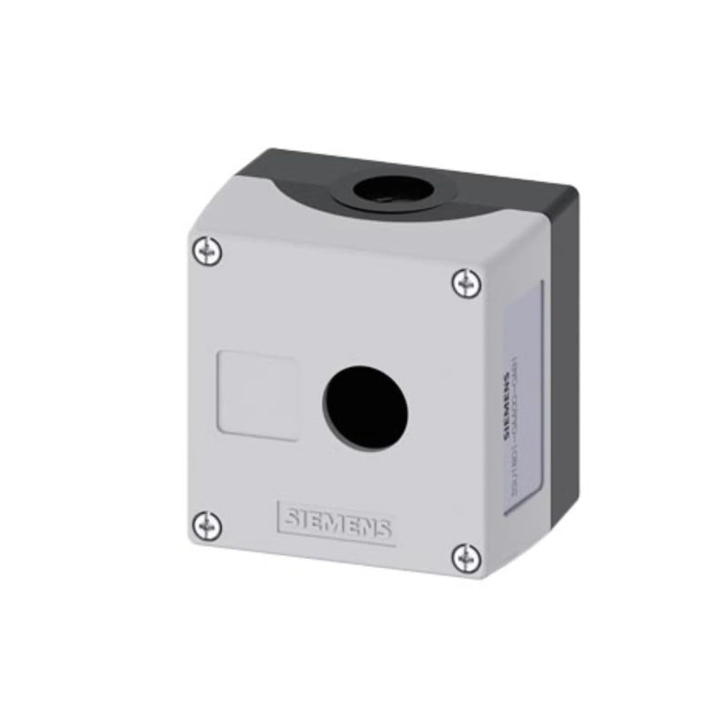 Siemens 3SU1801-0AA00-0AB1 enclosure, robust design, gray top, for one 22mm command device, labeling feature.