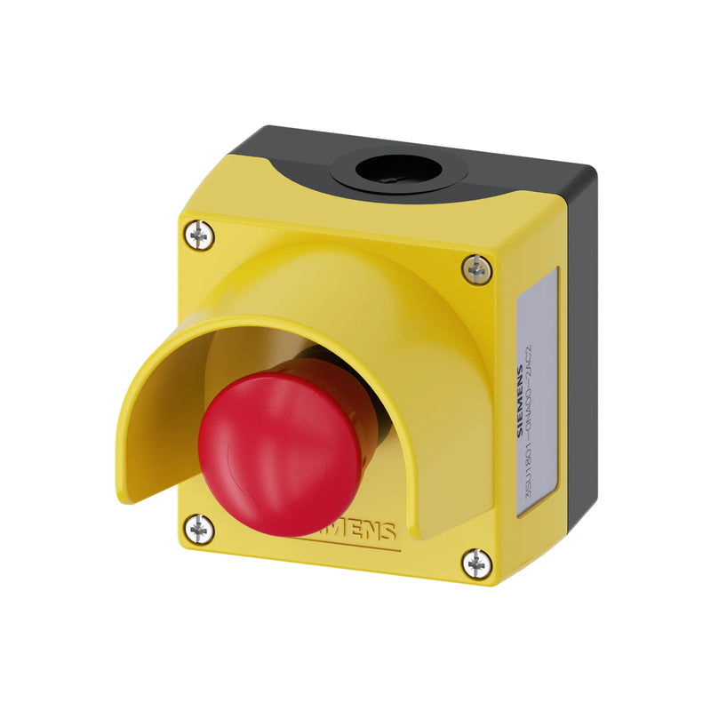 Siemens emergency stop with 40 mm actuator, rotate-to-unlatch, SIRIUS ACT series, industrial safety device.