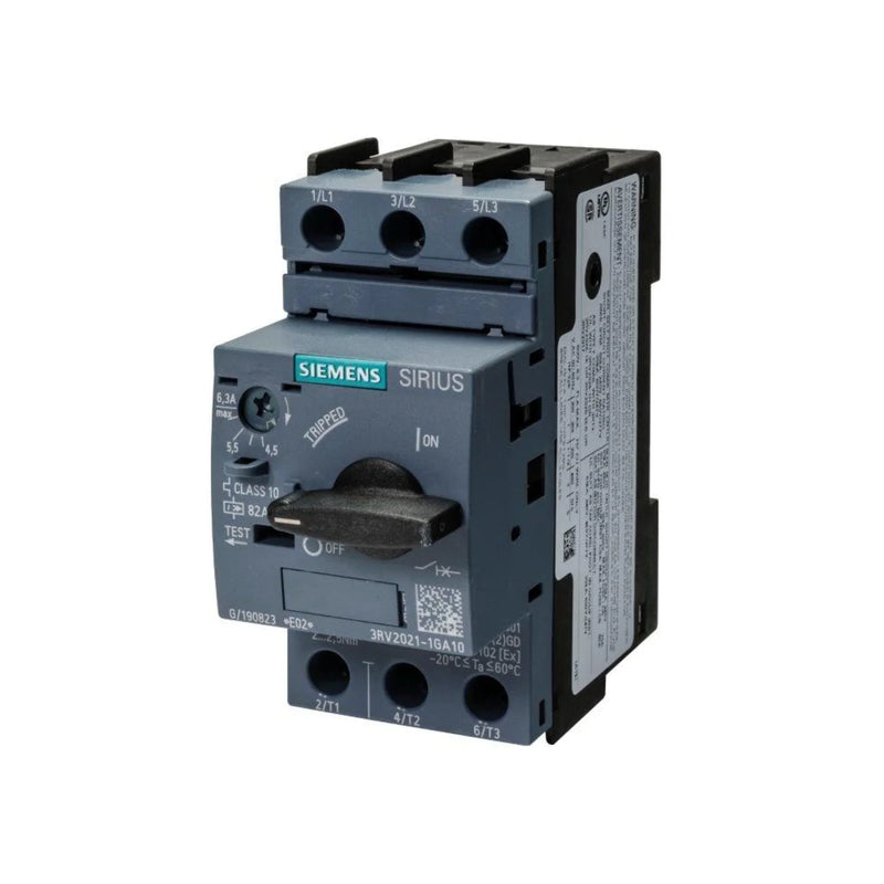 Siemens 3RV2021-1GA10, motor protection breaker, industrial, robust, efficiency, adjustable settings, safety, reliability.