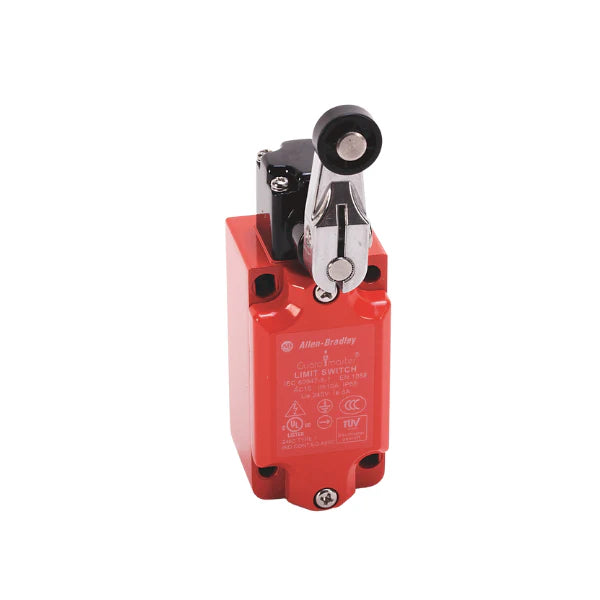 Robust Allen-Bradley 440P-MSLS11B limit switch with 30mm metal housing and short lever for secure position sensing.