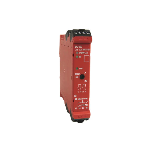 Allen-Bradley 440R-S12R2 safety relay, supports dual-channel input, emergency stop, and safety gate systems