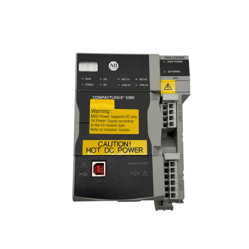 Allen-Bradley 5069-L330ERM CompactLogix 5380 controller with dual Ethernet and 3 MB memory.