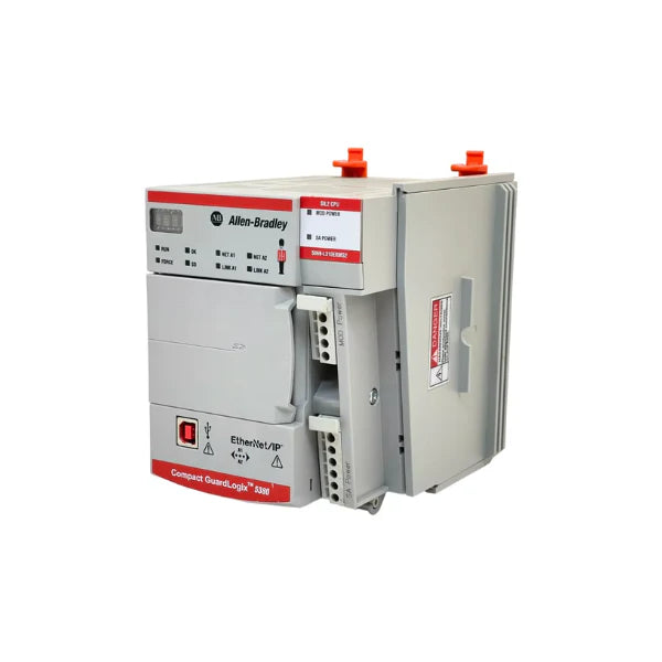 Compact GuardLogix 5380 Safety Controller, advanced safety and motion control, up to 24 nodes, 8 I/O points, 4 axes.