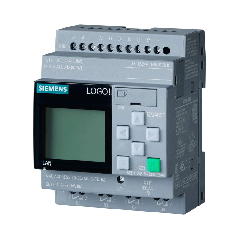 Siemens 6ED1052 module with analog inputs, 0-10V, 12/24V DC, DIN rail, IP20, for automation.