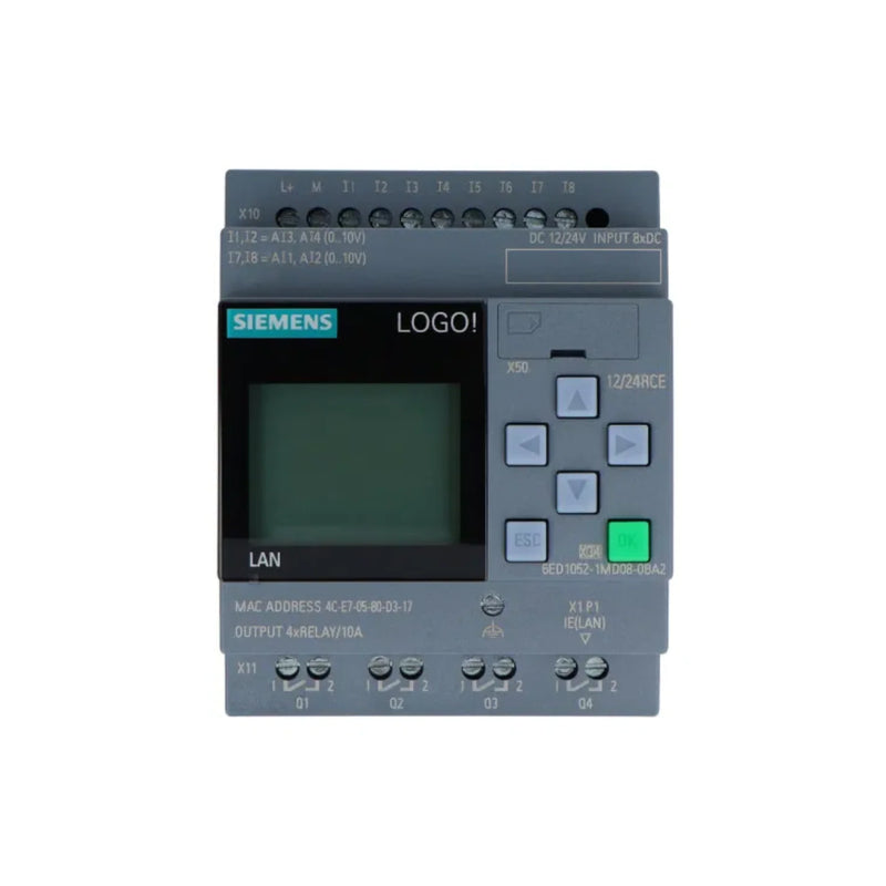 Siemens 6ED1052-1MD08-0BA2 LOGO! 24CE logic module, Ethernet and MOSFET outputs.