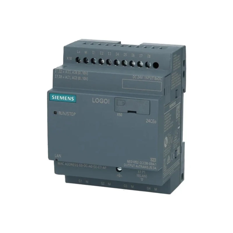 Siemens LOGO! 8 module with 8 inputs and 4 outputs, optimized for compact control at 24V DC.
