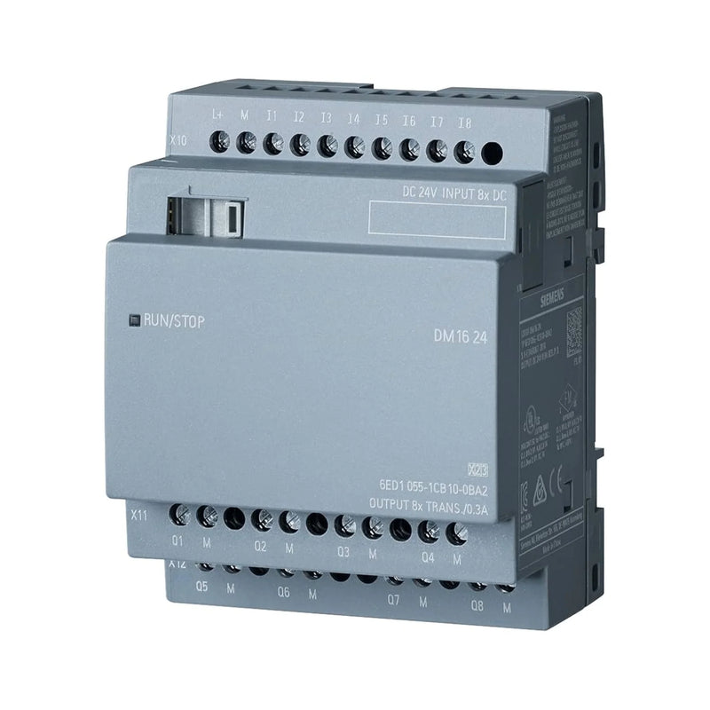 Siemens module with 8 digital inputs and outputs, designed for LOGO! 8 automation systems with 24 V DC power.