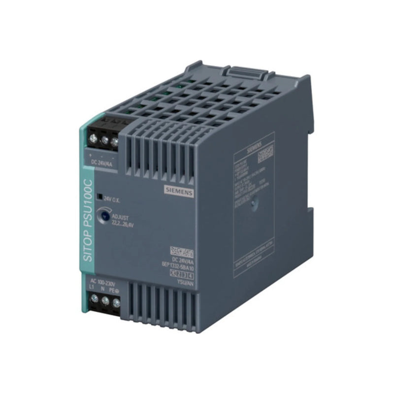 Siemens compact PSU100C power supply, 24V DC, 2.5A, high efficiency for industrial automation and control.