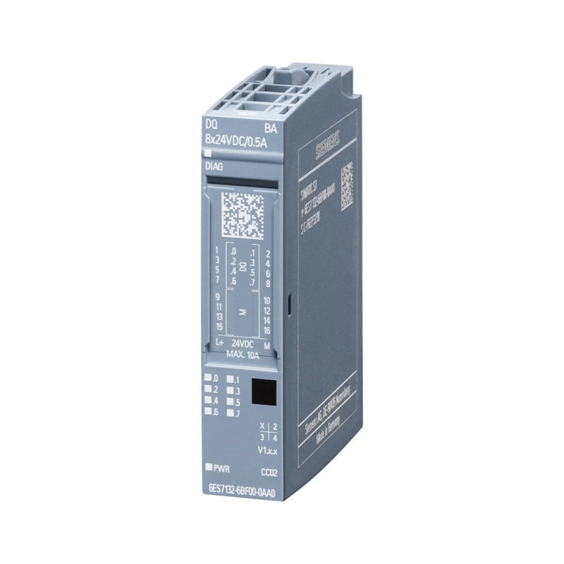 Siemens 6ES7132-6BF01-0AA0 output module with 8 digital outputs, 24V DC, crucial for automation systems.
