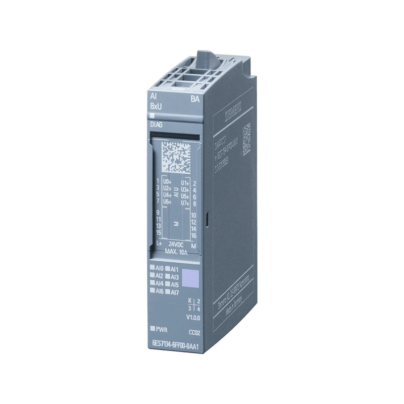 Siemens 6ES7134-6FF00-0AA1 ET 200SP module with two analog inputs, featuring 16-bit resolution.