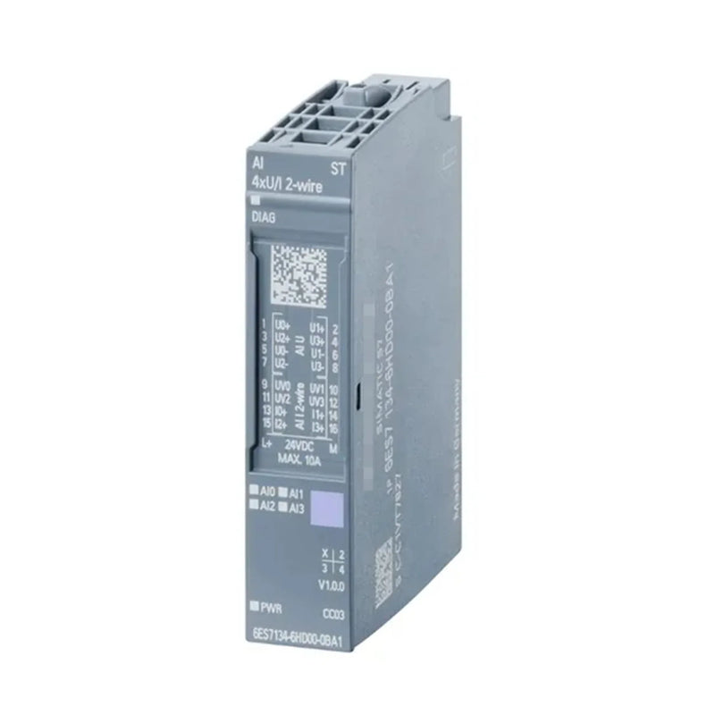 Siemens ET 200SP module with 2 analog inputs, 16-bit resolution, 0-10V range for industrial automation.