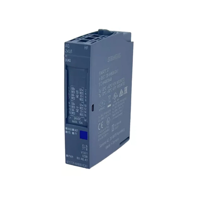 Siemens ET 200SP analog output module with dual outputs, ideal for distributed I/O systems in industrial automation.