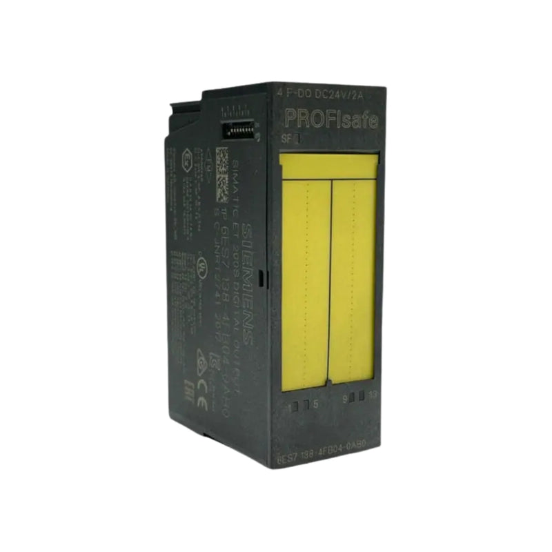 Siemens 6ES7138-4FB04-0AB0 ET 200SP digital module, 4 fail-safe outputs, 24V DC, SIL 3 safety-rated.