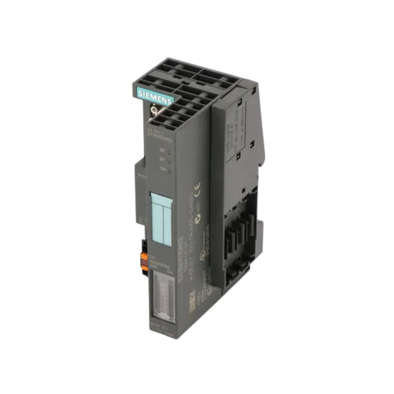 Siemens 6ES7151-1AA05-0AB0, standard PROFIBUS interface, SIMATIC ET 200S, 24V, IP20, suitable for DIN rail.