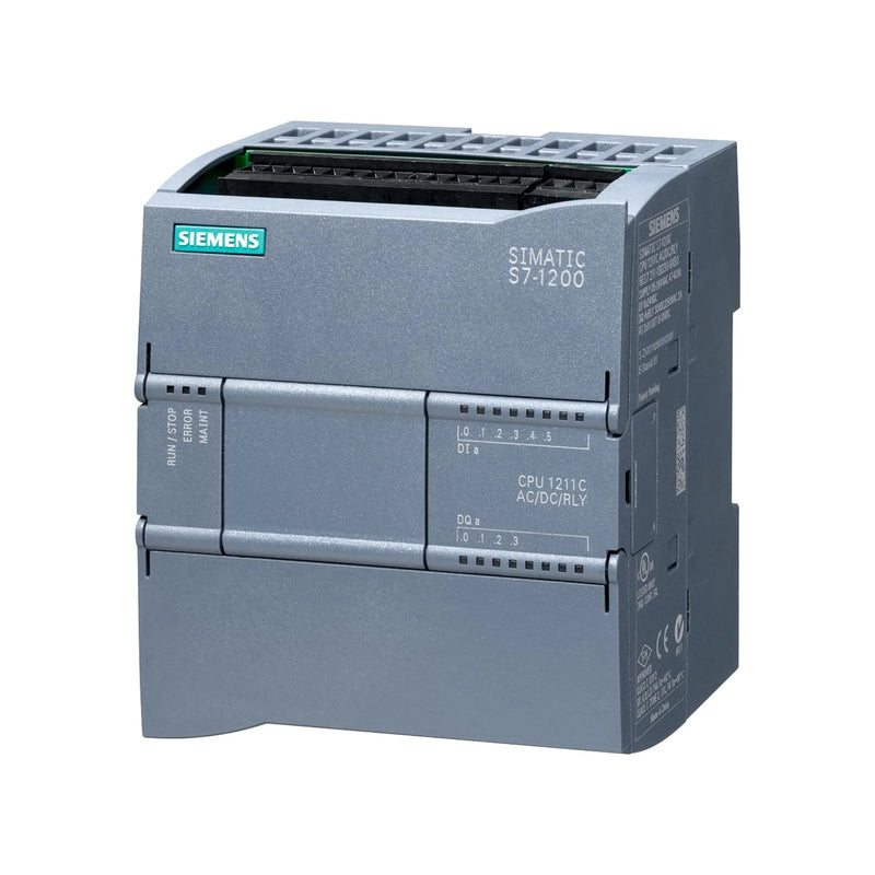 Siemens 6ES7211 Compact CPU 1211C, 6 digital inputs, 4 relay outputs, 2 analog inputs, versatile use.