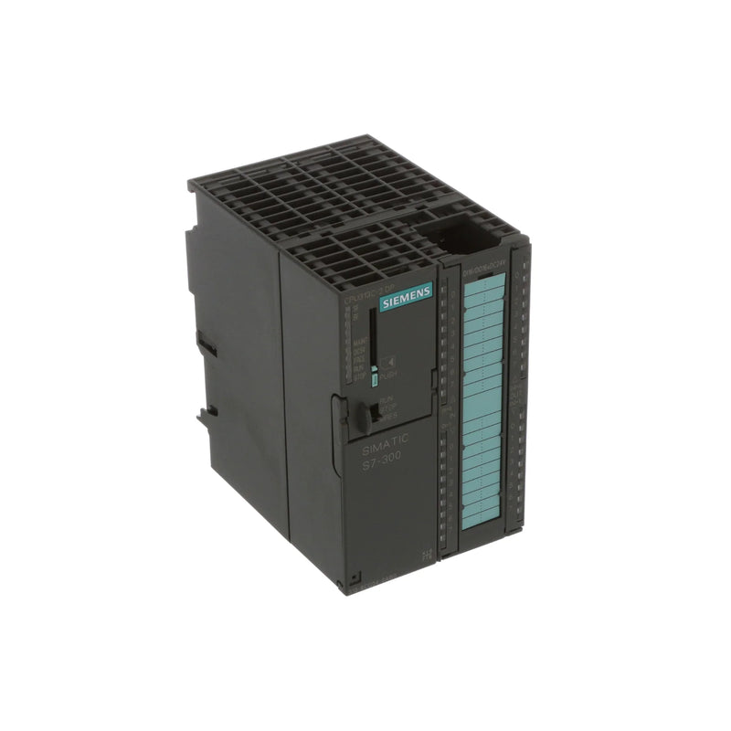 Siemens S7-300 CPU with 16 I/O channels and 3 high-speed counters, compact design for industrial automation.