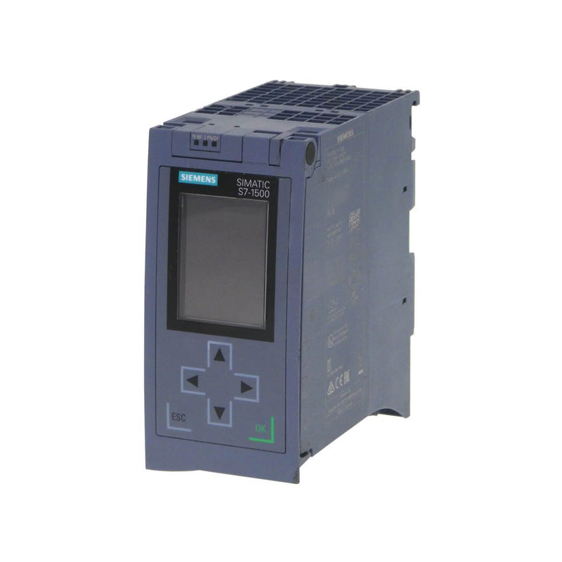 Siemens S7-1500F CPU 1516F-3 PN/DP with program and data memory, PROFINET connectivity, IP20 protection.